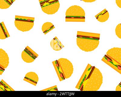 Nahtloses Muster mit Burgern im Pixel-Art-Stil. Pixel Cheeseburger und Hamburger mit zwei Schnitzeln und Käse. 8-Bit-Fast Food im Retro-Stil von Stock Vektor