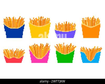 Pixelsymbolsatz Pommes Frites isoliert auf weißem Hintergrund. Fast Food, gebratene Kartoffeln im Pixelstil. Design von Bannern, Postern und Werbeprofis Stock Vektor