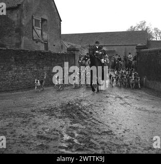 1950er Jahre, historische Fuchsjagd, ein Jäger auf seinem Pferd mit Hunden, die einen Bauernhof verlassen, England, Großbritannien, eine Tradition, die bis ins 15. Jahrhundert zurückreicht. 2004 Verbot das britische parlament die Jagd auf alle Wildtiere mit Hunden, einschließlich Füchsen, da es als grausam galt. Stockfoto