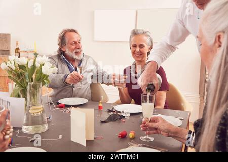 Älteres Paar, das auf einer Feier mit Freunden toast. Stockfoto