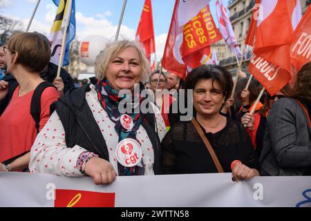 Mireille Stivala, Generalsekretärin der CGT Federation of Health and Social Action, während einer Demonstration des öffentlichen Dienstes im Rahmen einer landesweiten Aufforderung der Gewerkschaften (CFDT, CFE-CGC, CGT, FA, FO, FSU, Solidaires und UNSA) für bessere Löhne am 19. März 2024 in Paris, Frankreich. Die Gewerkschaften des öffentlichen Dienstes rufen die 5,7 Millionen französischen öffentlichen Angestellten vier Monate vor den Olympischen und Paralympischen Spielen auf, bei denen die Gewerkschaften CGT und FO bereits versprochen haben, Streikbescheide einzureichen. Foto: Pierrick Villette/ABACAPRESS.COM Stockfoto