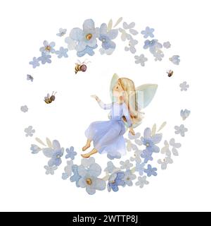 "Vergiss Mich Nicht"-Illustration. Garden Fairy Tale Original Aquarell. Forget Me Not Kids Print. Vergiss Nicht, Dass Ich Keine Kinderzimmer-Einrichtung Habe Stockfoto