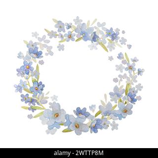 Vergiss Mich Nicht Fairy Wreath Illustration. Forget Me Not Kids Print. Blue Flowers Watercolor Clipart. Clipart Mit Handgezeichnetem Woodland-Blumenkranz Stockfoto