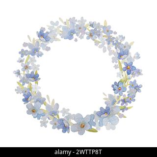 Vergiss Mich Nicht, Blume Border Illustration. Forget Me Not Kids Print. Blaues Aquarell Blumen Clipart. Clipart Mit Handgezeichnetem Woodland-Blumenkranz Stockfoto