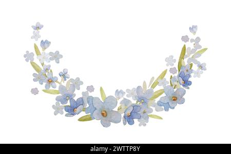 Vergiss Mich Nicht Flower Border. Blaues Aquarell Blumen Clipart. Handgezeichnete Holzblume ClipArt, vorgefertigte Komposition Stockfoto