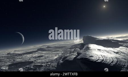 Mondbeleuchtete außerirdische Landschaft unter einem Sternenhimmel Stockfoto