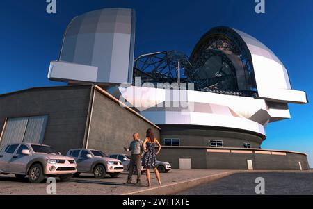 Zwei Leute stehen an einem futuristischen Gebäude mit Autos. Stockfoto