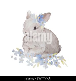 Kaninchen mit Blumen Aquarell Frühlingsillustrationen. Osterhase Aquarell Clip Art. Kinderzimmer Kunst Vintage. Handgezeichnete Aquarellkomposition Stockfoto