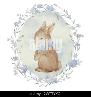 Kaninchen mit Forget Me Not Flowers Aquarellillustrationen. Osterhase Vintage Hand Gezeichnet Aquarell Clip Art. Kaninchen in Blumen Wreath Illus Stockfoto