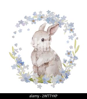 Hase Hase mit Blumen Aquarell Frühlingsillustrationen. Osterhase Aquarell Clip Art. Wandkunst Im Kinderzimmer Im Vintage-Stil. Handgezeichnete Aquarellkompositi Stockfoto