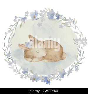 Niedliche Kaninchen schlafen in Blumen Frühlingsillustrationen. Osterhase mit Vergisst mich nicht Blumen Aquarell Vintage Hand gezeichnet Clip Art. Häschen in Blumen WR Stockfoto