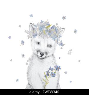 Süßer Fuchs mit Vergissme Not Flowers Illustrationen. Fuchs mit Blumen Aquarell Frühlingsillustrationen. Wandkunst Im Kinderzimmer Im Vintage-Stil Stockfoto