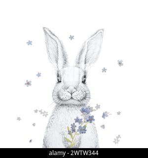 Niedlicher Bunny mit Vergissme Not Flowers Illustrationen. Osterhase Clip Art.. Wandkunst Im Kinderzimmer Im Vintage-Stil. Kaninchen mit Blumen Illustrationen Stockfoto