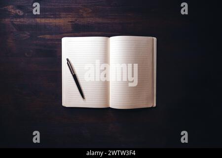 Offenes Notizbuch auf dem Schreibtisch mit Bleistift, Musterkopierraum auf leeren Seiten, direkt darüber Stockfoto