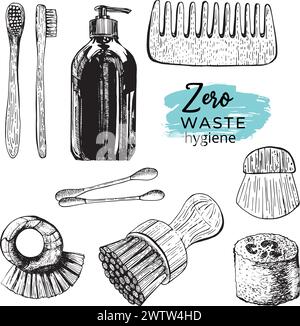 Vektorgrafik Nullabfall. Handgezeichnete umweltfreundliche grafische Sammlung von Zero Waste Shopping einfache schwarz skizzierte Symbole mit Schrift Stock Vektor