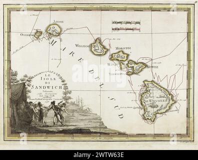 Vintage Hawaii Karte. Karte der Sandwichinseln, Kolonialname von Hawaii, nach den Entdeckungen von James Cook, Rom 1798. Stockfoto