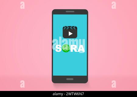 Online-Videogenerator mit dem Sora AI-Logo auf dem Bildschirm des Smartphones. Mobiltelefon mit Sora-Symbol. Sora ist eine künstliche Intelligenz von Text zu Video Gener Stock Vektor