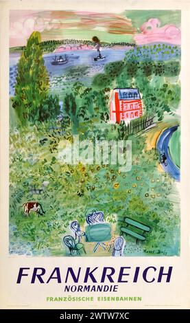 Vintage-Reiseplakat für Normandie, Frankreich, mit der Arbeit von Raoul Dufy, für die französische Eisenbahn. Um 1950 . Deutsche Ausgabe. Stockfoto