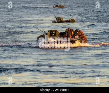 Amphibienfahrzeuge des U.S. Marine Corps, die der Alpha Kompanie zugeordnet sind, Battalion Landing Team 1/5, 15. Marine Expeditionary Unit, führen am 7. Dezember 2023 einen Open Water Transit im Pazifischen Ozean durch. Die 15. MEU ist derzeit an Bord der Boxer Amphibious Ready Group, die integrierte Trainings- und Routineoperationen in der 3. US-Flotte durchführt. (Foto des U.S. Marine Corps von Lance CPL. Peyton Kahle) Stockfoto