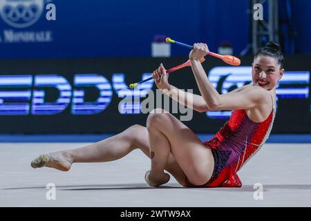 Ancona, Italien. März 2024. Milena Baldassarri von Ginnastica Fabriano in Aktion während der Rhythmic Gymnastics FGI Serie A 2024 bei PalaPrometeo. Rhythmic Gymnastics FGI Serie A 2024 bei PalaPrometeo. (Foto: Fabrizio Carabelli/SOPA Images/SIPA USA) Credit: SIPA USA/Alamy Live News Stockfoto