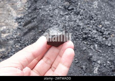 Kleines Stück Kohle in der Hand, Kohlebergbau Stockfoto