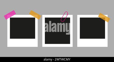 Die Polaroid-Kamera rahmt ein Fotomockup-Scrapbook auf eine graue Wand. Farbiges Scotch Tape. Schwarze Fotorahmen-Vorlage. Vektorabbildung. Stock Vektor