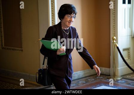 Washington, USA. März 2024. Senatorin Susan Collins (R-ME) geht am Dienstag, den 19. März, durch das US-Kapitol in Washington, DC. 2024. (Graeme Sloan/SIPA USA) Credit: SIPA USA/Alamy Live News Stockfoto