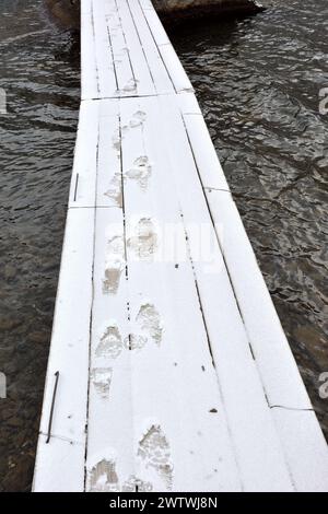 Spuren menschlicher Füße auf einer schmalen Birkenplattform, die an einem bewölkten Herbsttag über die Wasseroberfläche geht. Kok-Kol-See, Altai, Sibirien, Russland. Stockfoto