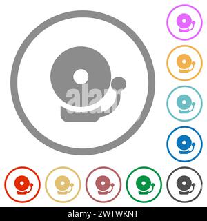 Feueralarm-Glocke durchgehend flache farbige Symbole in runden Umrissen auf weißem Hintergrund Stock Vektor