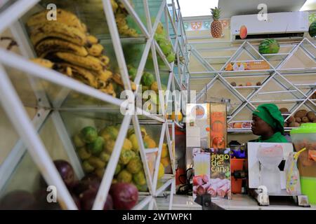 Eine Arbeiterin, die frischen Fruchtsaft in einem Fruchtsaftladen in der Calle El Conde-Straße herstellt. Kolonialzone. Santo Domingo. Dominikanische Republik Stockfoto