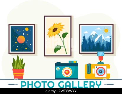 Fotogalerie Vektor-Illustration für Museumsbesucher Ansehen Sie Ausstellung von modernen abstrakten Gemälden und Bild in zeitgenössischem in flachem Hintergrund Stock Vektor