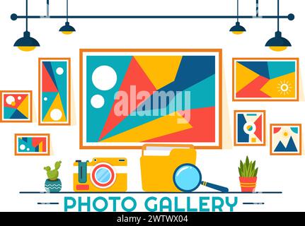 Fotogalerie Vektor-Illustration für Museumsbesucher Ansehen Sie Ausstellung von modernen abstrakten Gemälden und Bild in zeitgenössischem in flachem Hintergrund Stock Vektor