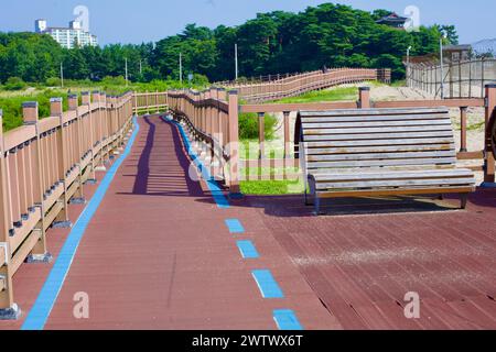 Goseong County, Südkorea - 30. Juli 2019: Eine gewundene Promenade mit Holzzäunen und Metallzäunen mit Stacheldraht führt Besucher über Sumpfgebiete Stockfoto