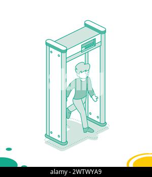 Isometrisches Flughafensicherheitstor. Ein Mann läuft durch einen Metalldetektor. Vektorabbildung. Objekt auf weißem Hintergrund isoliert. Flughafensicherheit. Stock Vektor