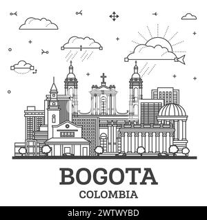 Umreißen Sie die Skyline von Bogota Colombia City mit historischen Gebäuden, isoliert auf White. Vektordarstellung. Bogotas Stadtlandschaft mit Wahrzeichen. Stock Vektor