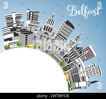 Skyline von Belfast, Nordirland, mit farbigen Gebäuden, blauem Himmel und Kopierraum. Vektorgrafik. Stadtbild von Belfast mit Wahrzeichen. Stock Vektor