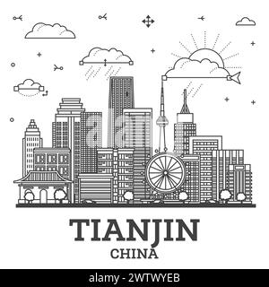 Umreißen Sie die Skyline von Tianjin China mit modernen Gebäuden, isoliert auf Weiß. Vektordarstellung. Stadtbild von Tianjin mit Wahrzeichen. Stock Vektor