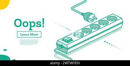 Isometrischer Stecker und Steckdose getrennt auf weißem Hintergrund. Vektorabbildung. Minimalistisches Design der Fehlerseite 404. Moderne Elektrik Stock Vektor