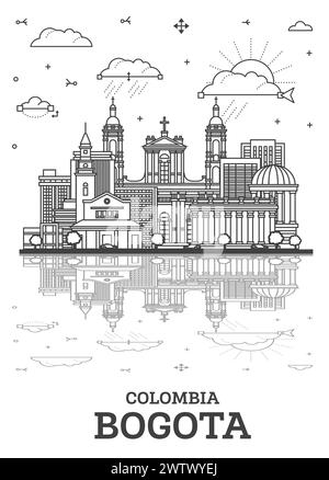 Umreißen Sie die Skyline von Bogota Colombia City mit historischen Gebäuden und Reflexionen auf weiß. Vektorabbildung. Bogota Stadtbild mit Wahrzeichen. Stock Vektor