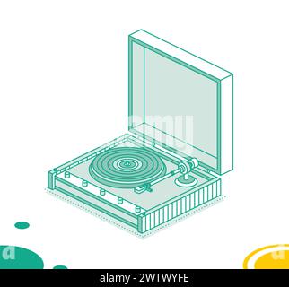 Isometrischer Vinyl-Player. Vektorabbildung. Objekt auf weißem Hintergrund isoliert. Vinyl-Recorder. 3D-Element im Umrissstil. Stock Vektor