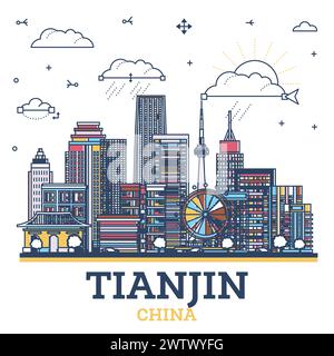 Umreißen Sie die Skyline von Tianjin China City mit farbigen modernen Gebäuden, die auf weiß isoliert sind. Vektorabbildung. Tianjin Stadtbild mit Wahrzeichen. Stock Vektor