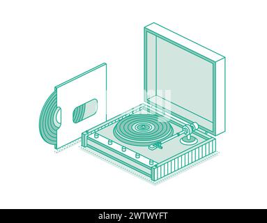 Isometrischer Vinyl-Player mit einer Platte. Vektorabbildung. Objekte auf weißem Hintergrund isoliert. Vinyl-Recorder. Vintage 3D-Elemente im Outline-Stil Stock Vektor