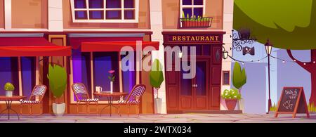 Cartoon-Restaurant im Freien mit Kaffeetasse auf dem Tisch, Stühlen und dekorativen Pflanzen in Töpfen in der Nähe großer Fenster und roter Tür des Cafés draußen. Terrasse auf dem Bürgersteig in der Nähe des Gebäudes in der Stadt. Stock Vektor