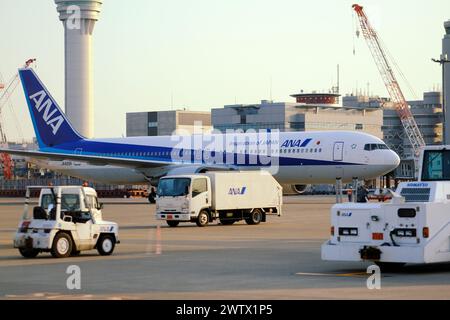 Tokio, Japan. März 2024. Alle Nippon Airways (ANA) Flugzeuge, die am Flughafen Tokio, auch bekannt als Haneda Airport in Tokio, gesehen werden. Alle Nippon Airways (ANA/NH) kündigten am 19. März an, ihre zusätzlichen Flüge auf der Strecke Haneda-Noto im April fortzusetzen. Regelmäßige Flüge wurden aufgrund des Erdbebens auf der Halbinsel Noto vom 1. Januar 2024 ausgesetzt, und die seit dem 27. Januar in Betrieb befindlichen Zusatzflüge werden mit drei hin- und Rückflügen pro Woche fortgesetzt. Quelle: SOPA Images Limited/Alamy Live News Stockfoto