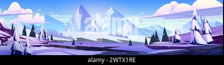 Winter sonnige Tageslandschaft mit Bergen und Wald bedeckt mit Schnee und Eis. Zeichentrickvektor natürlicher schneebedeckter Hintergrund mit Bäumen und felsigen hohen Hügeln, blauer Himmel mit Wolken. Kalte Landschaft im Norden. Stock Vektor