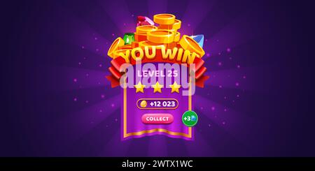 Popup-Button für UI-Spiel oder Level-Gewinn. Siegerabzeichen für die Trophäe. Vorlage für die Siegesoberfläche im Turnier oder Wettbewerb mit Goldmünze auf violettem Hintergrund. 2D Bonus- oder Event-Complete-Ergebnis Stock Vektor