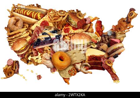 US Junk Food Diät als amerikanische ungesunde Essgewohnheiten, die die Vereinigten Staaten von Adipositas und fettigen hohen Cholesteringewohnheiten als amerikanische h repräsentieren Stockfoto