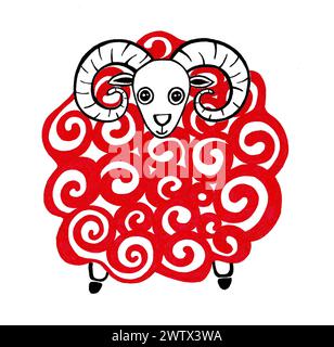 Abbildung eines auf weißem Hintergrund isolierten Widders. Stilisierung. Schwarze Konturzeichnung für Kopf und Pfoten. Der Körper hat eine Textur aus roten Spiralen, Wolle. Das Tier sieht nach vorne. Druckstil. Stockfoto