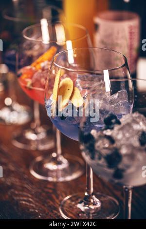 Close-up von Gin Tonic serviert in großen Gläsern mit Heidelbeeren und Zitrusgarnitur Stockfoto