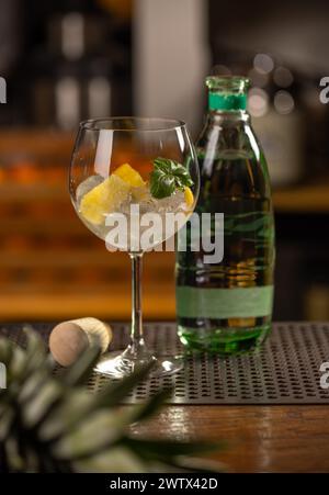 Nahaufnahme eines kalten Getränks mit Fruchtstücken und Minze in einem raffinierten Glas, neben einer Wasserflasche Stockfoto